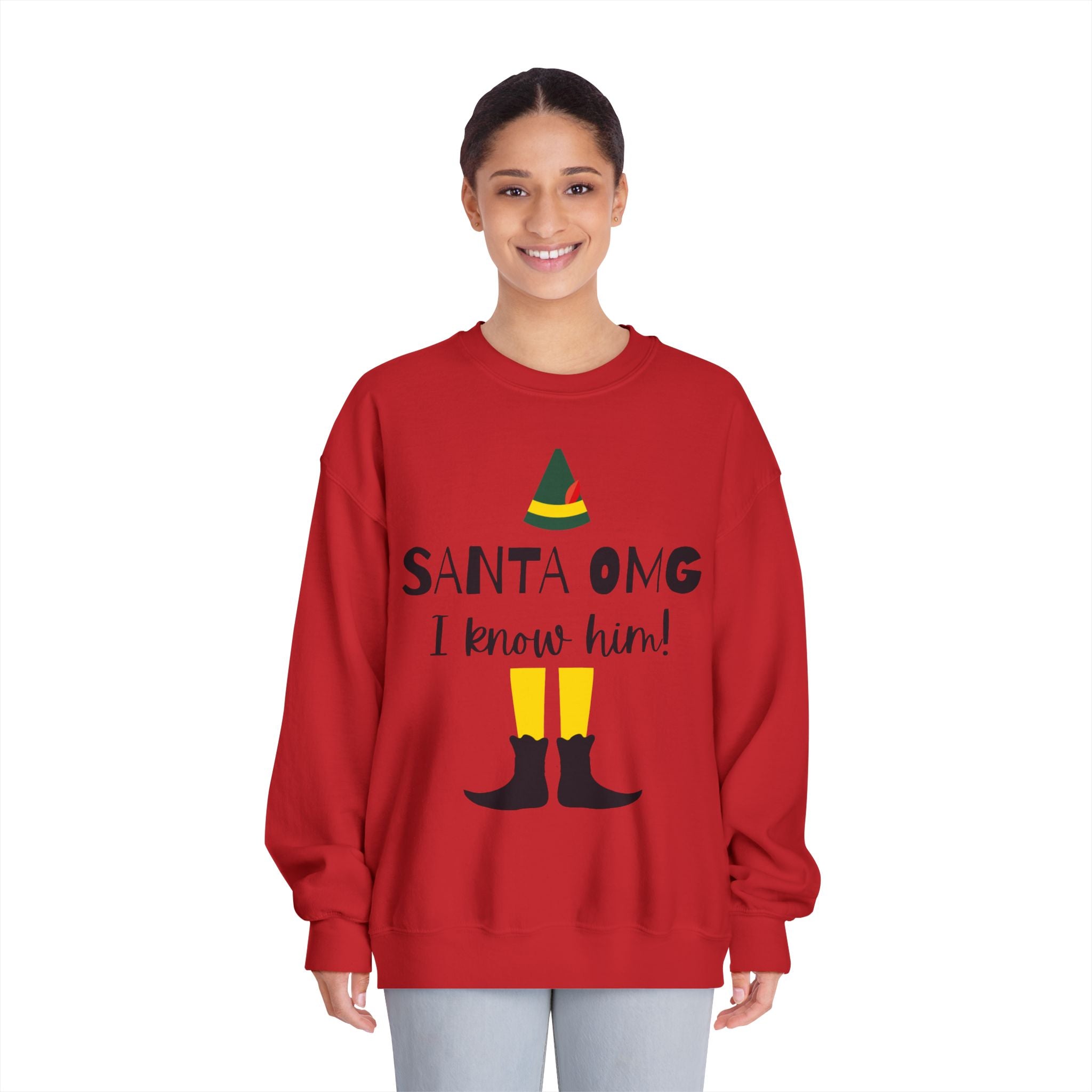"Santa OMG I Know Him!" Elf Holiday Crewneck Sweatshirt