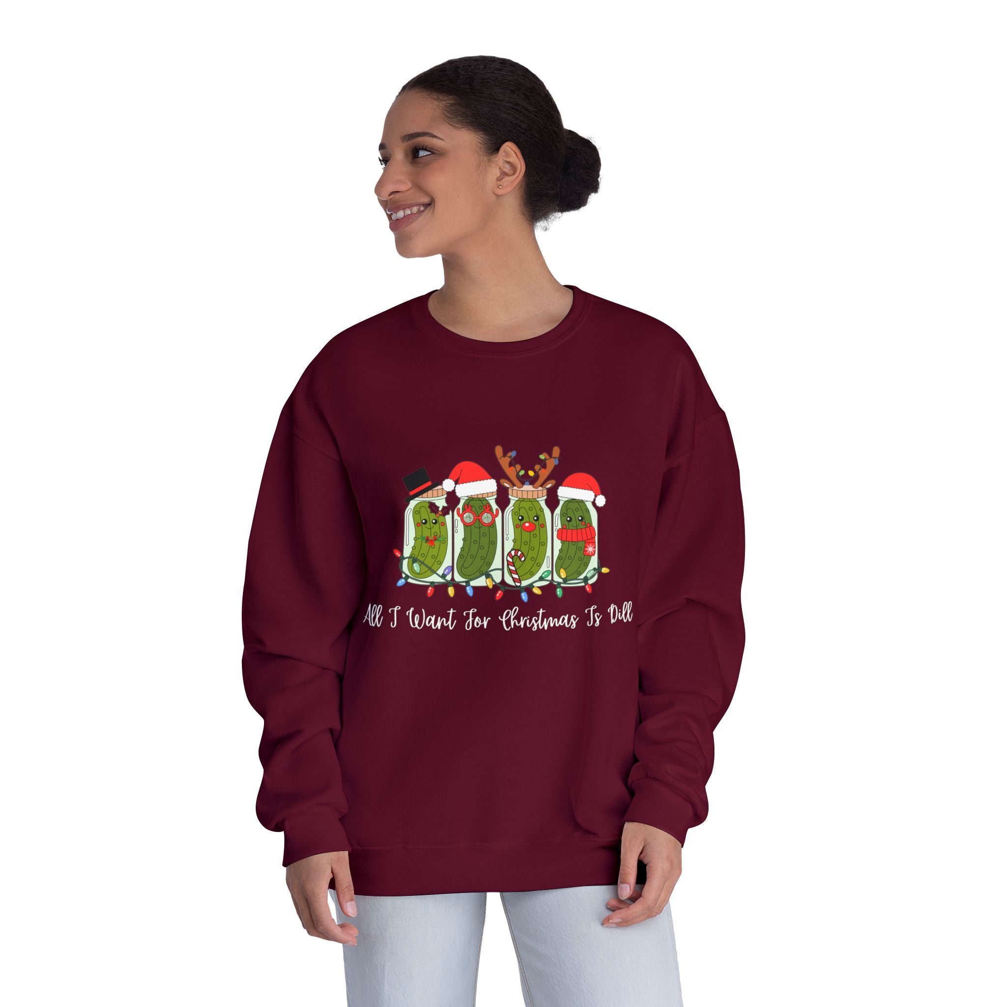 All I Want For Christmas Is Dill- Pickle Crewneck Sweatshirt — Festive Pickle Family Holiday Sweater