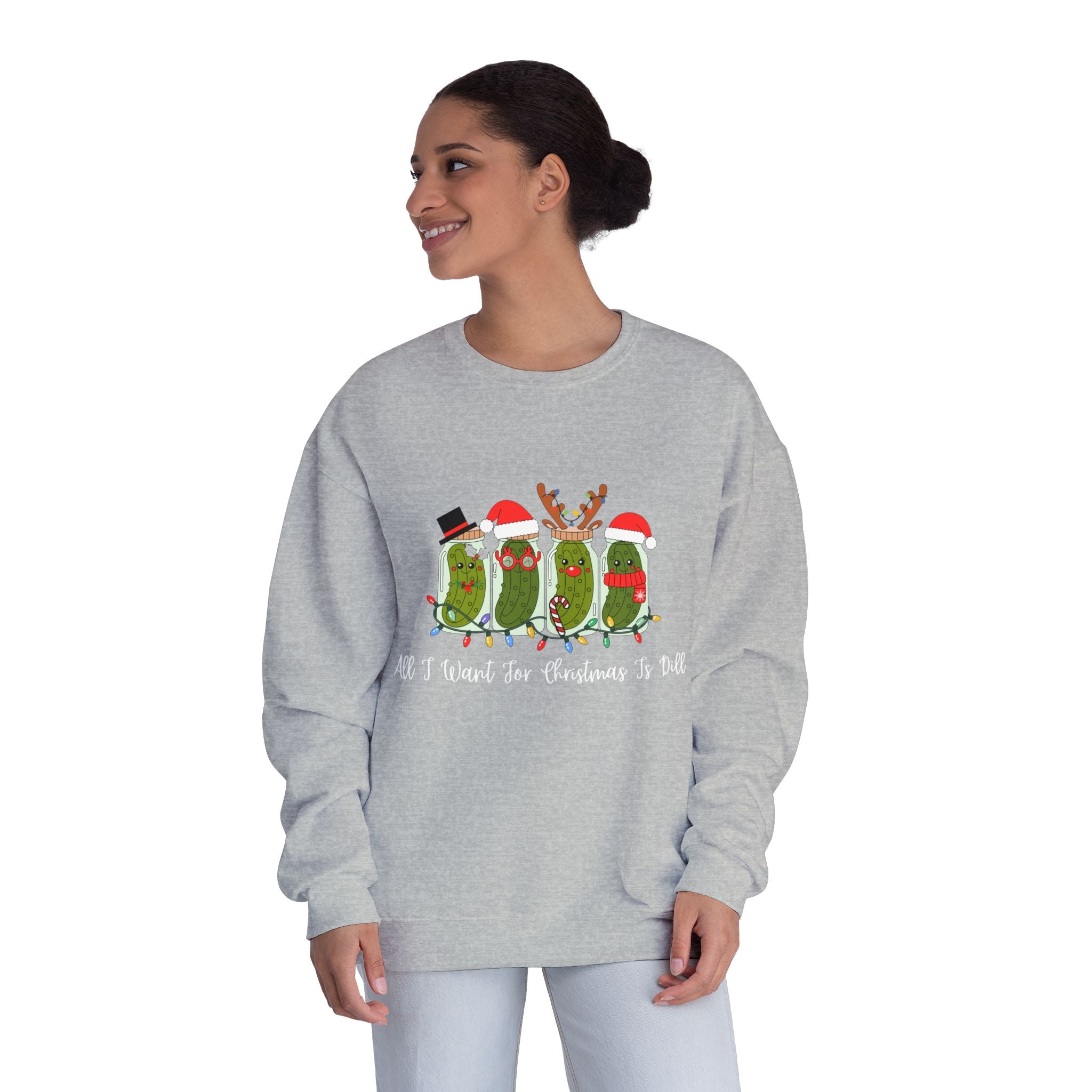 All I Want For Christmas Is Dill- Pickle Crewneck Sweatshirt — Festive Pickle Family Holiday Sweater