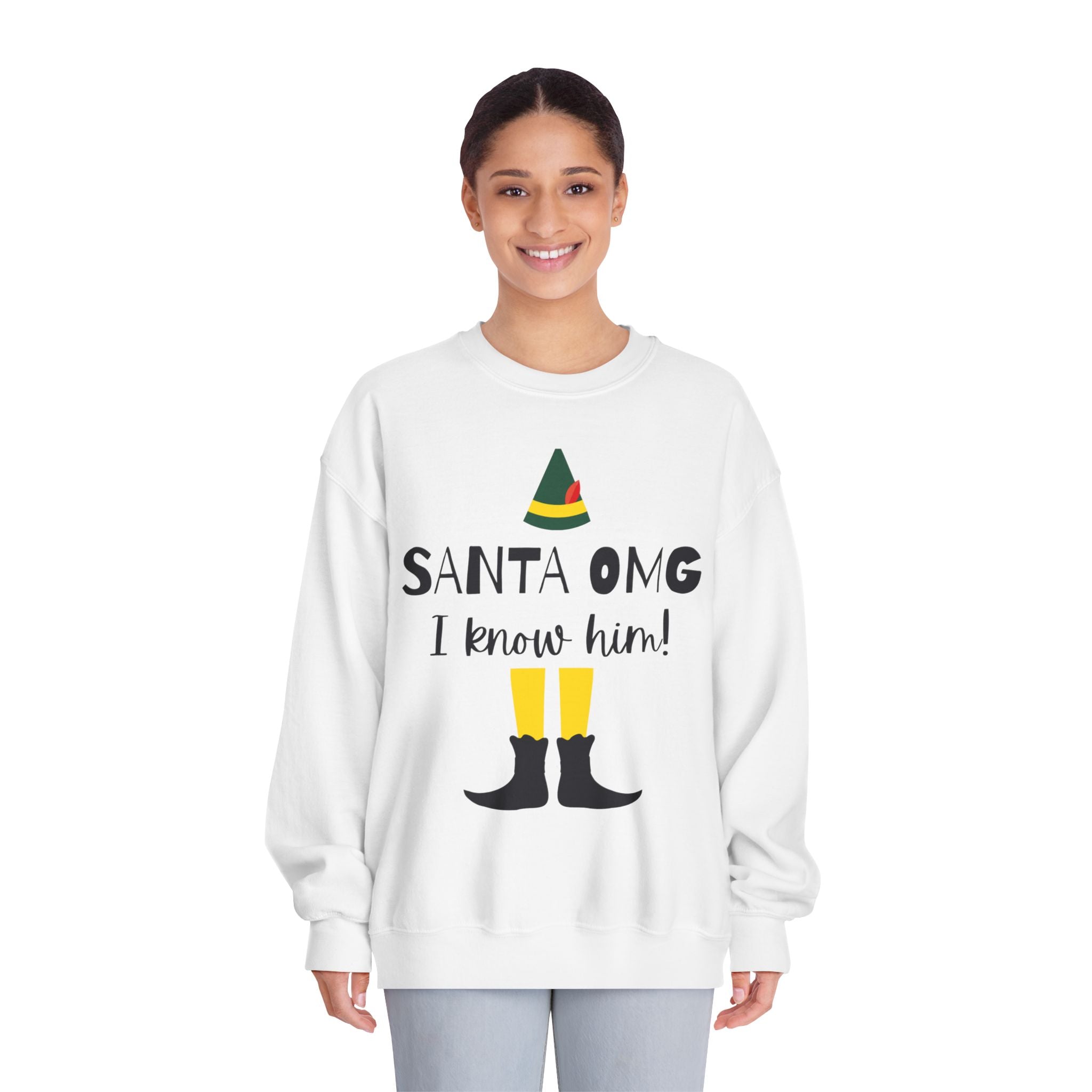 "Santa OMG I Know Him!" Elf Holiday Crewneck Sweatshirt