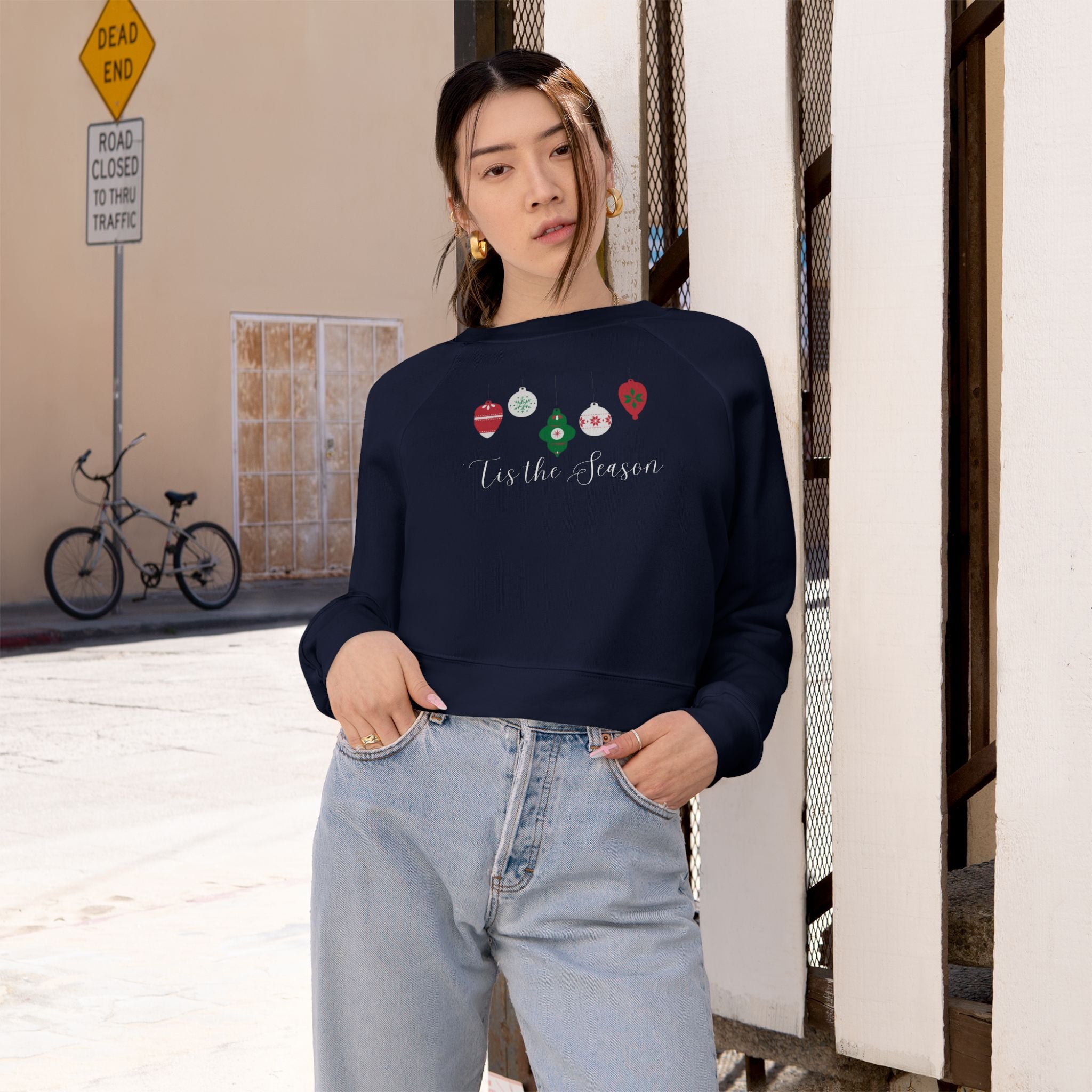 'Tis the Season Cropped Holiday Fleece Pullover with Festive Ornaments